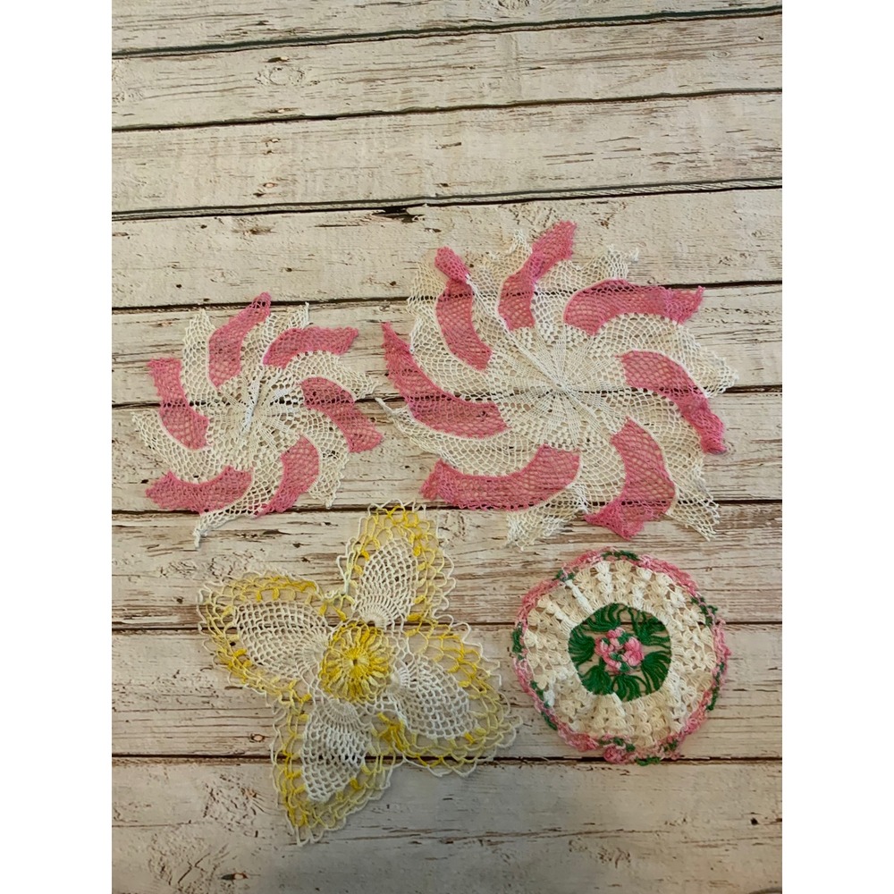 Vintage Handmade Crochet Doilyβ Lot 4 Pink Yellow White Lace Pinwheel Flower